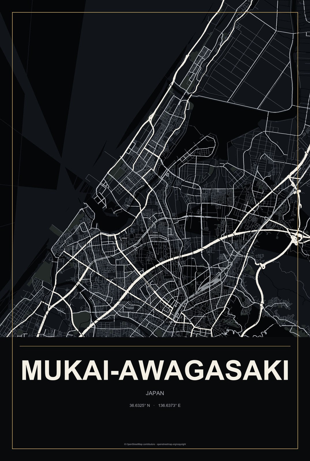 Mukai-awagasaki, Japan City Map Aluminum Sign in Metropolitan Noir style