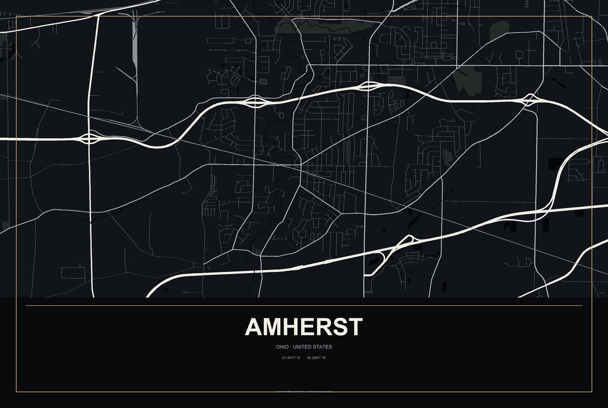 Amherst, Ohio City Map Aluminum Sign in Metropolitan Noir style