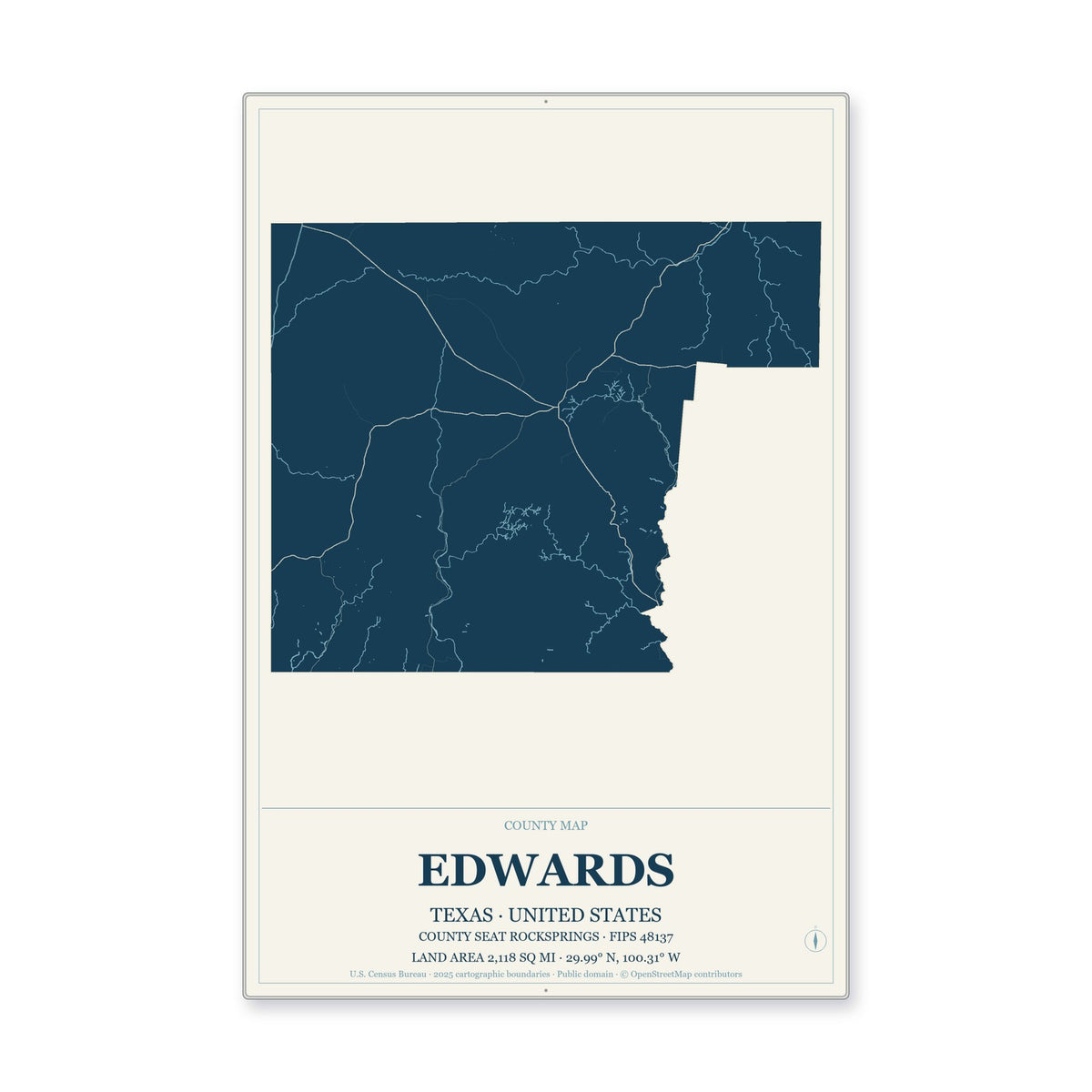 Edwards County, Texas Map Aluminum Sign in Coastal Cutout style