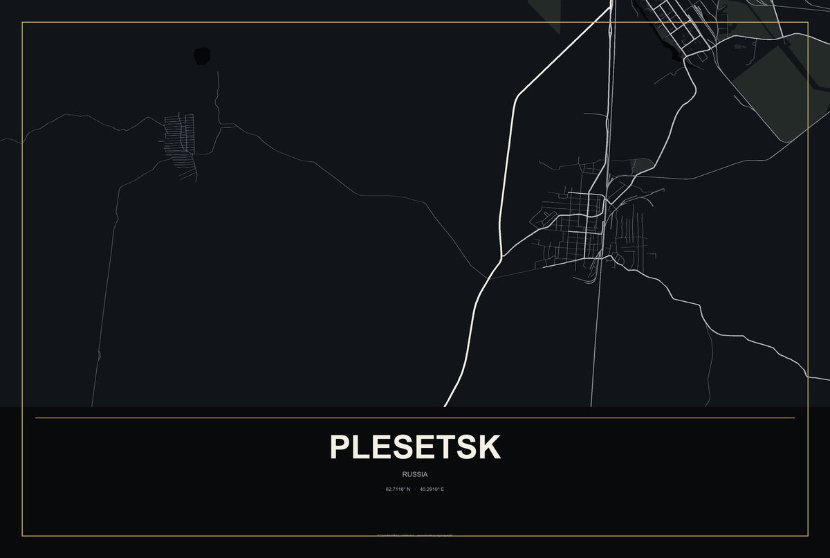 Plesetsk, Russia City Map Aluminum Sign in Metropolitan Noir style