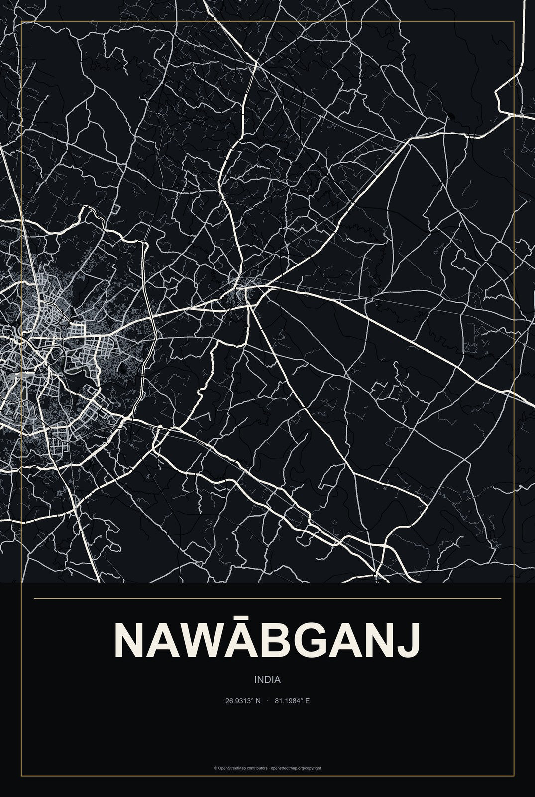 Nawābganj, India City Map Aluminum Sign in Metropolitan Noir style