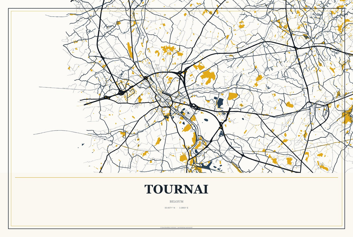 Tournai, Belgium City Map Aluminum Sign in Citrine Modern style