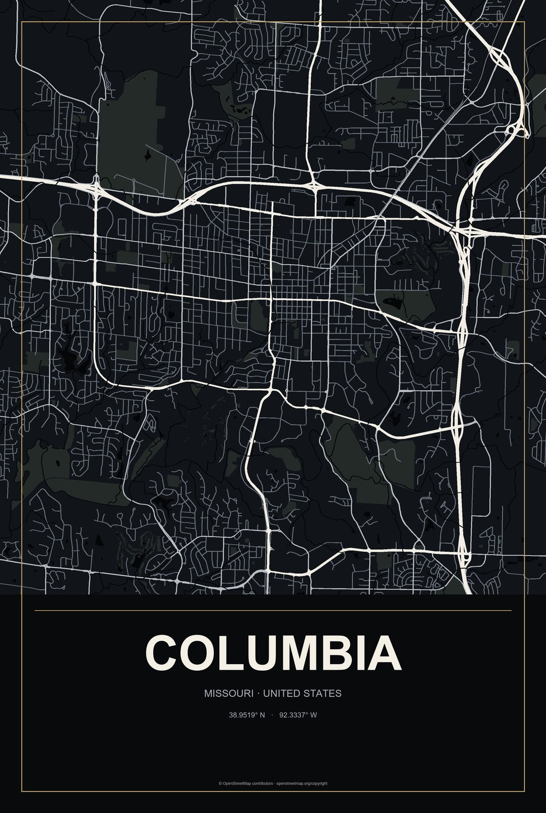 Columbia, Missouri City Map Aluminum Sign in Metropolitan Noir style