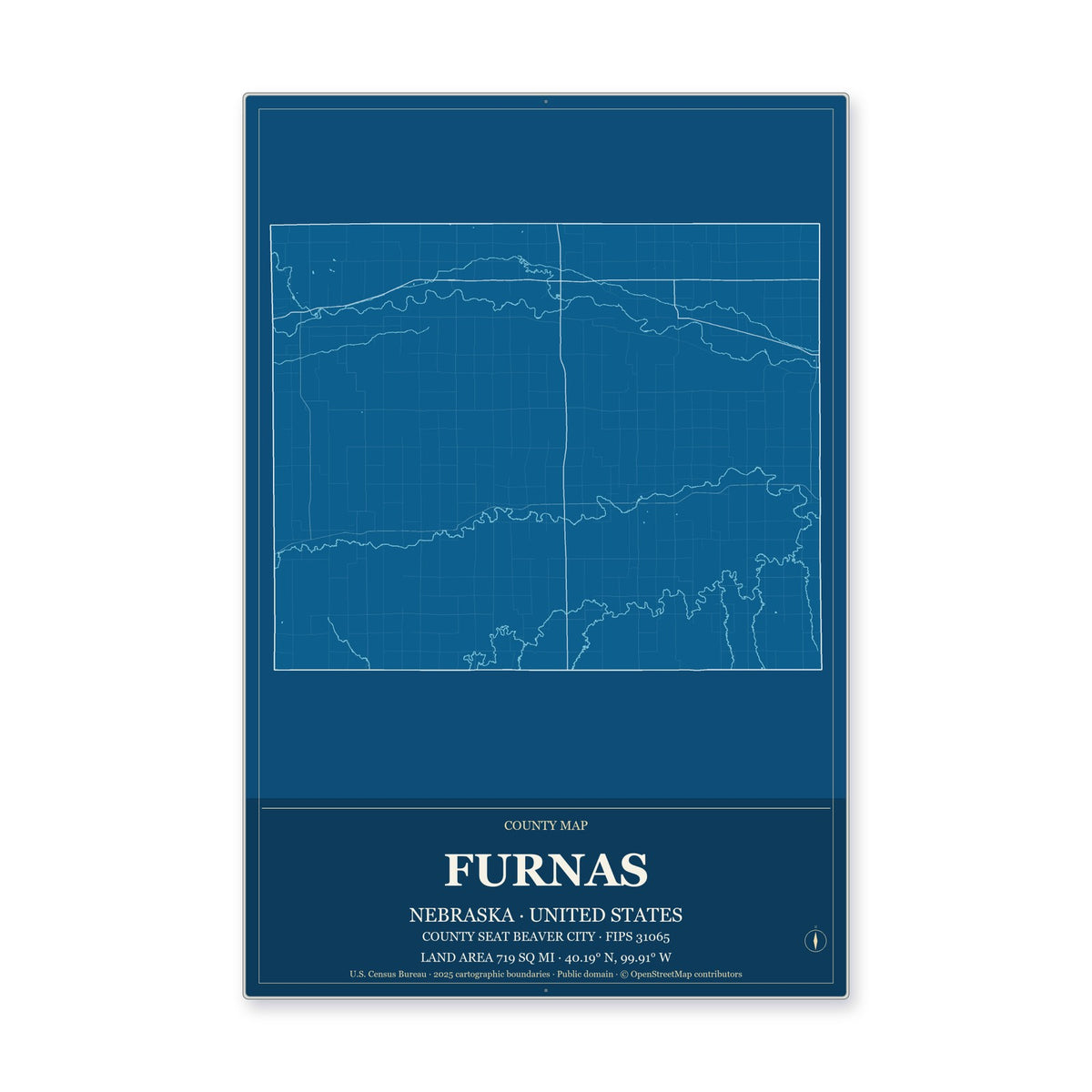 Furnas County, Nebraska Map Aluminum Sign in Harbor Cobalt style