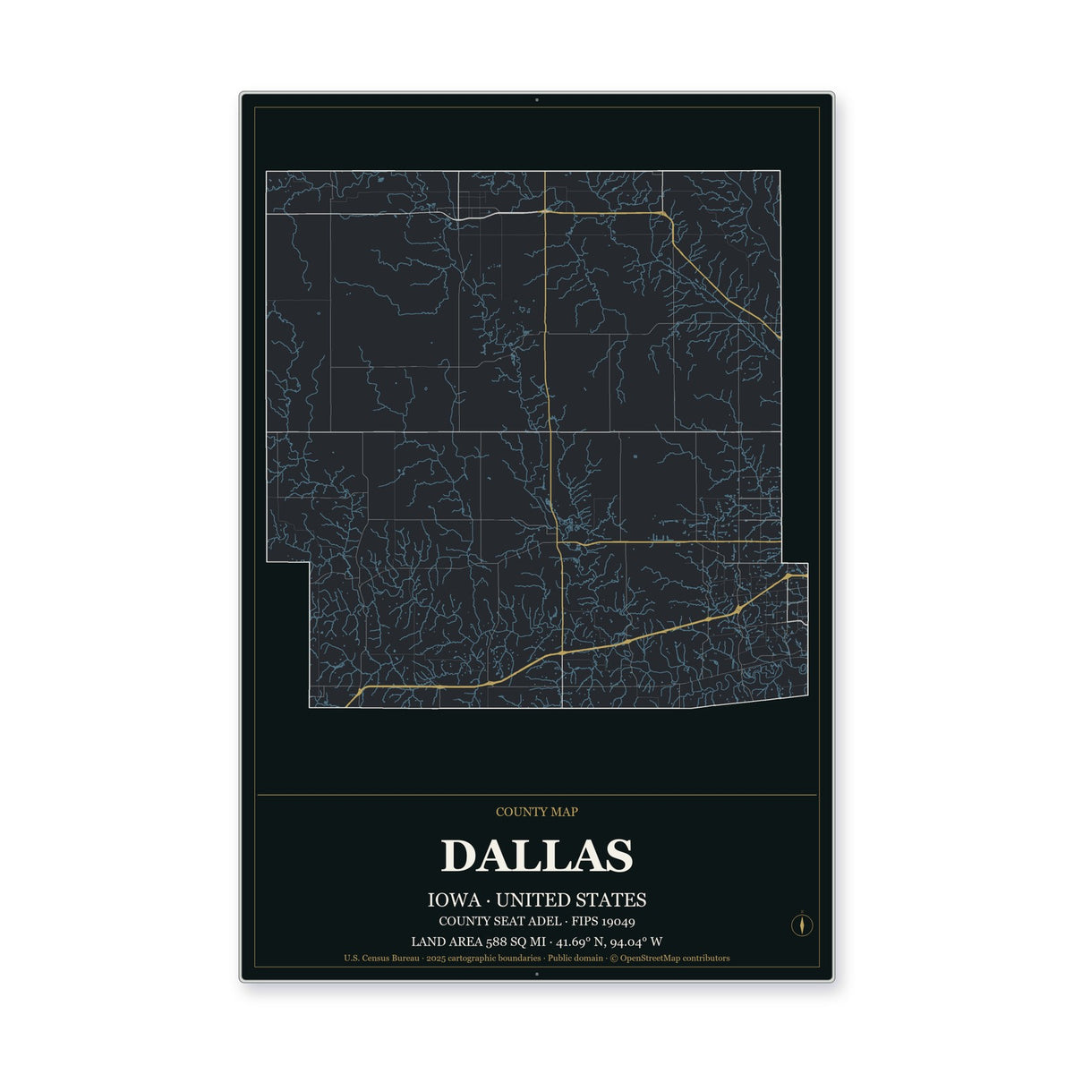 Dallas County, Iowa Map Aluminum Sign in Metropolitan Noir style
