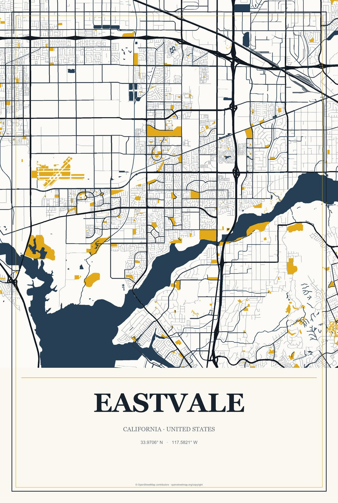 Eastvale, California City Map Aluminum Sign in Citrine Modern style