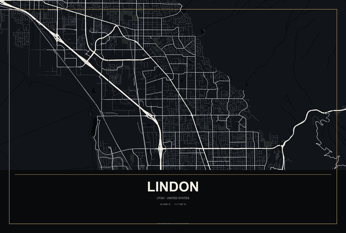 Lindon, Utah City Map Aluminum Sign in Metropolitan Noir style
