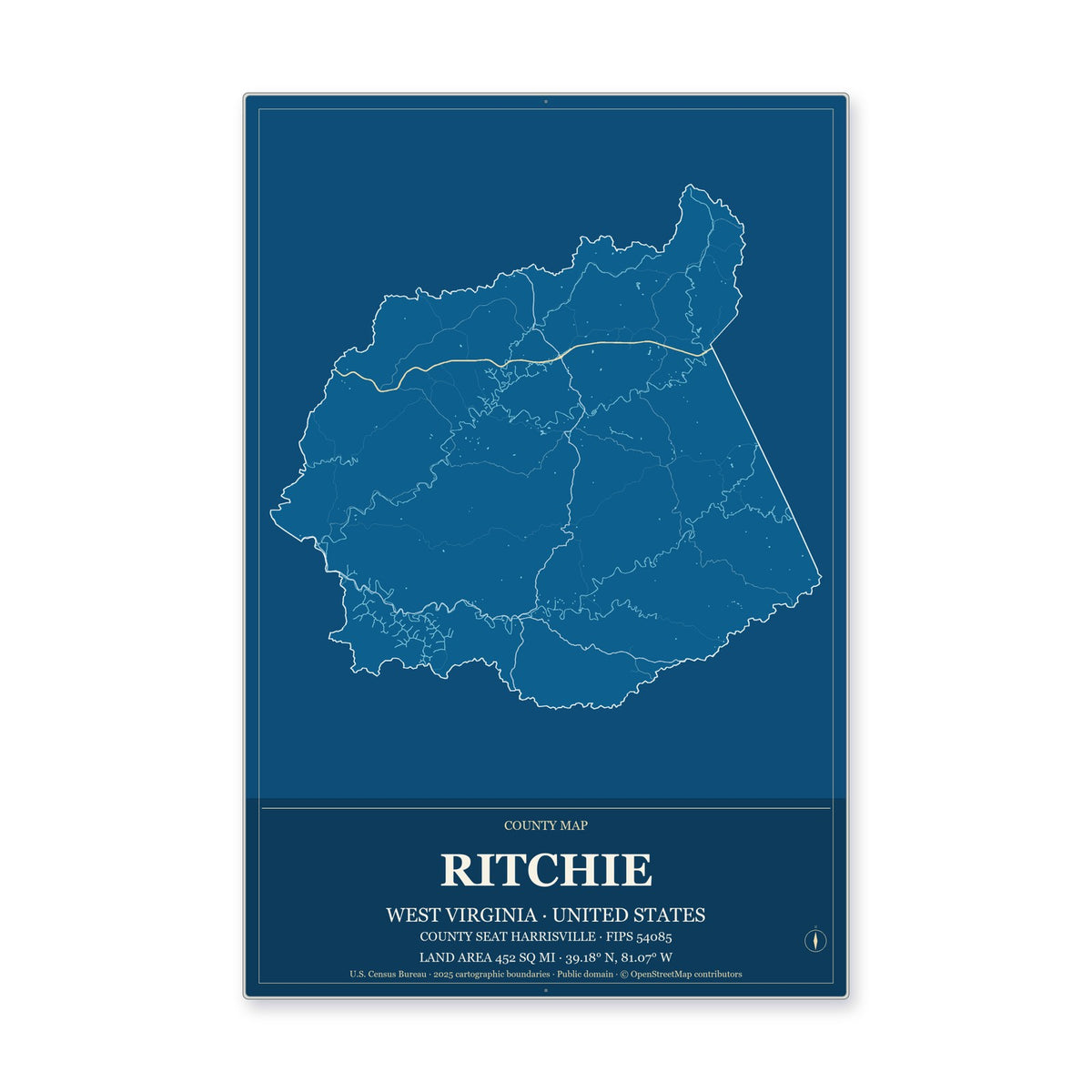 Ritchie County, West Virginia Map Aluminum Sign in Harbor Cobalt style