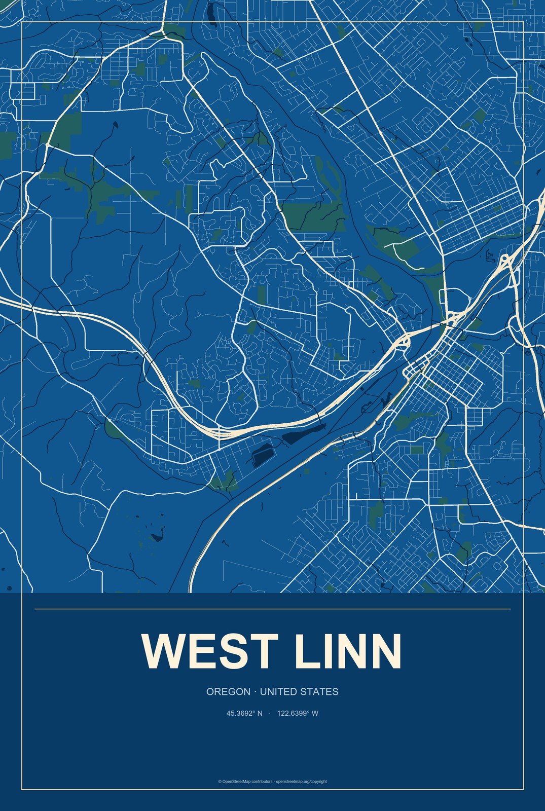 West Linn, Oregon City Map Aluminum Sign in Harbor Cobalt style