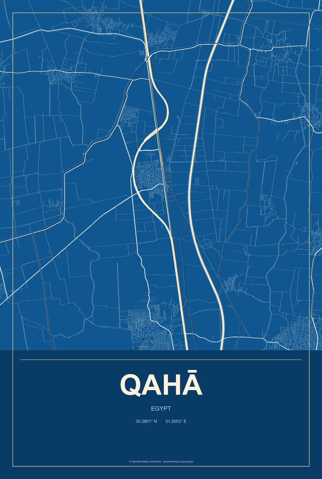 Qahā, Egypt City Map Aluminum Sign in Harbor Cobalt style