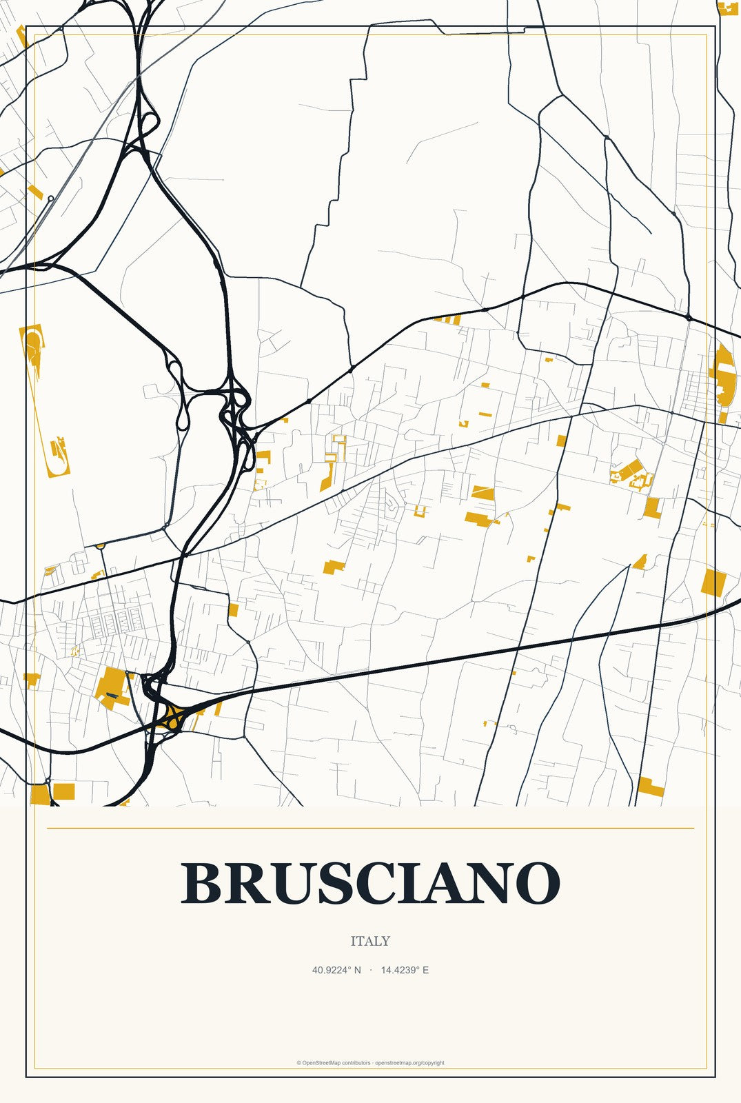 Brusciano, Italy City Map Aluminum Sign in Citrine Modern style