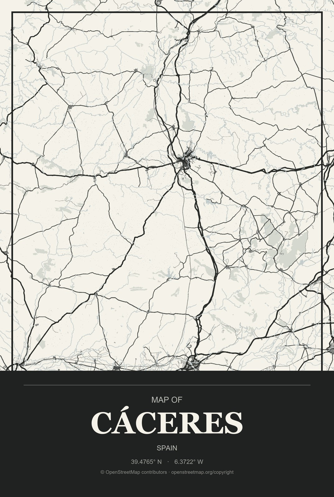 Cáceres, Spain City Map Aluminum Sign in Museum Plaque style