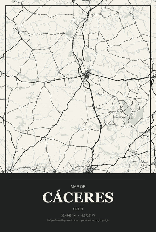 Cáceres, Spain City Map Aluminum Sign in Museum Plaque style