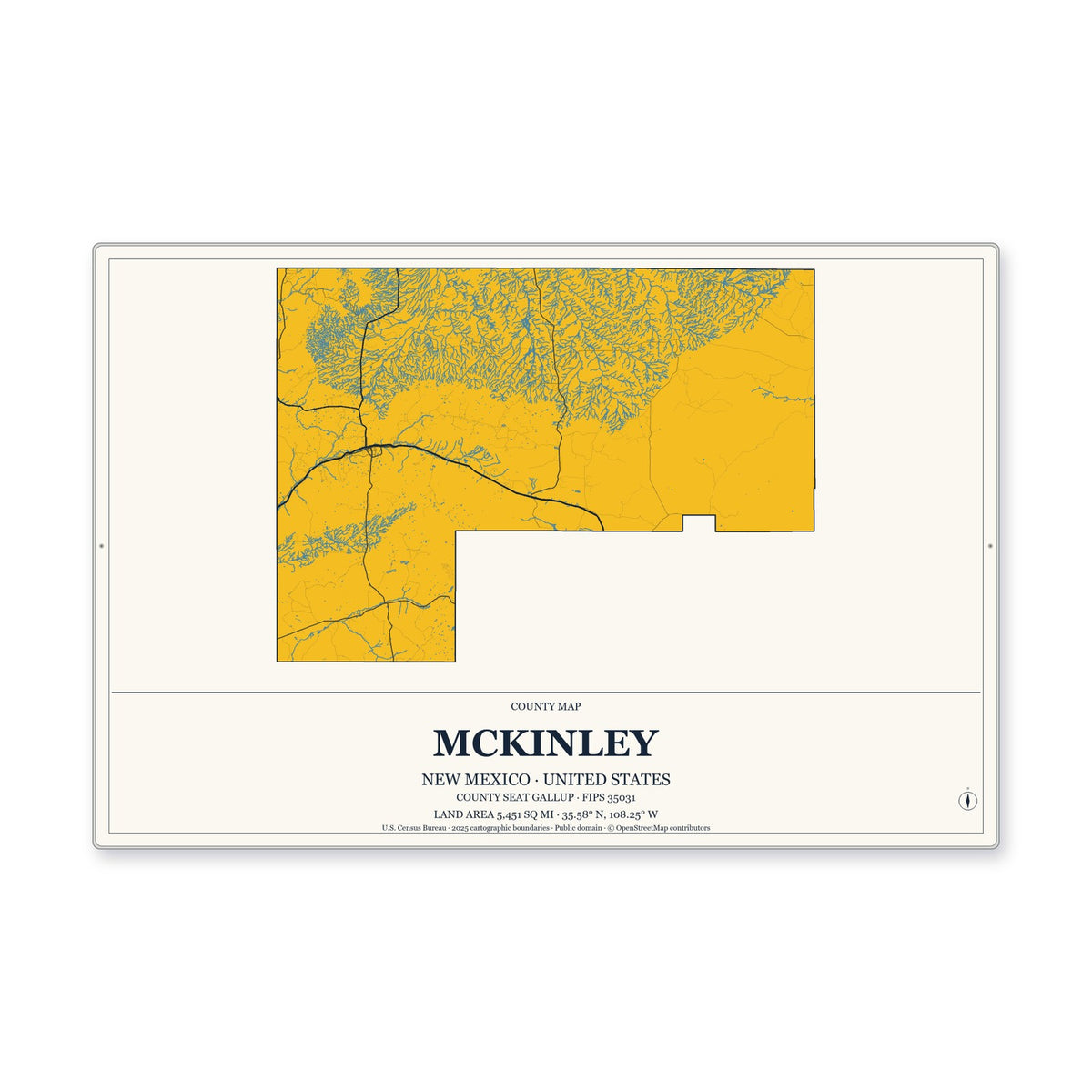 McKinley County, New Mexico Map Aluminum Sign in Citrine Modern style