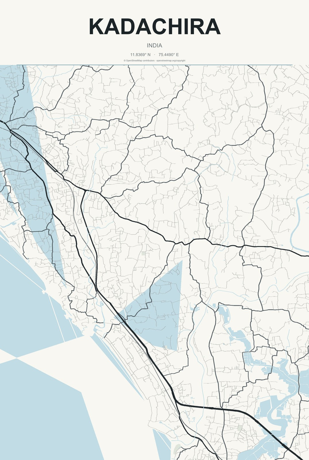 Kadachira, India City Map Aluminum Sign in Headline Atlas style