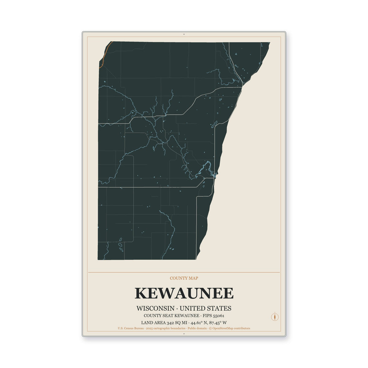 Kewaunee County, Wisconsin Map Aluminum Sign in Headline Atlas style