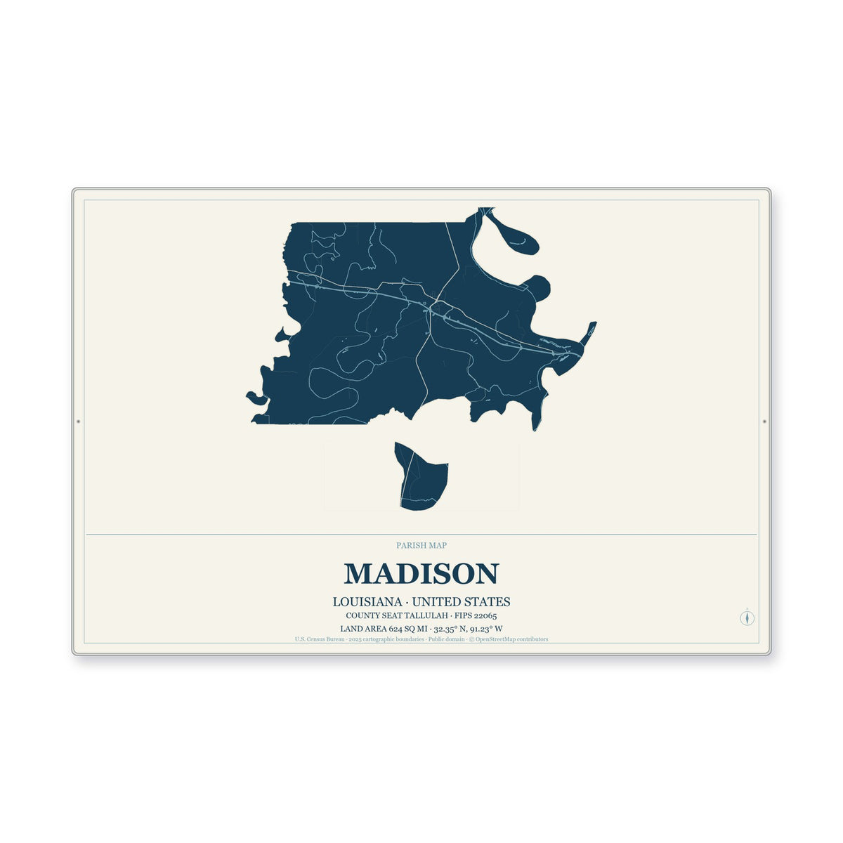 Madison Parish, Louisiana Map Aluminum Sign in Coastal Cutout style