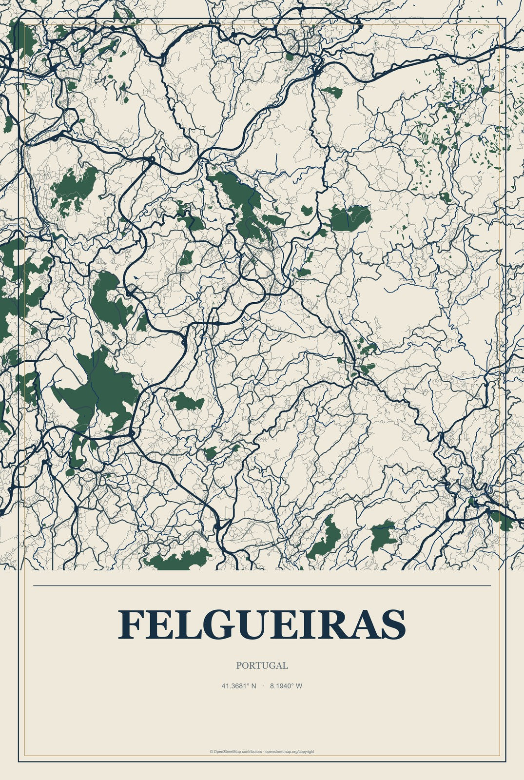 Felgueiras, Portugal City Map Aluminum Sign in Coastal Cutout style