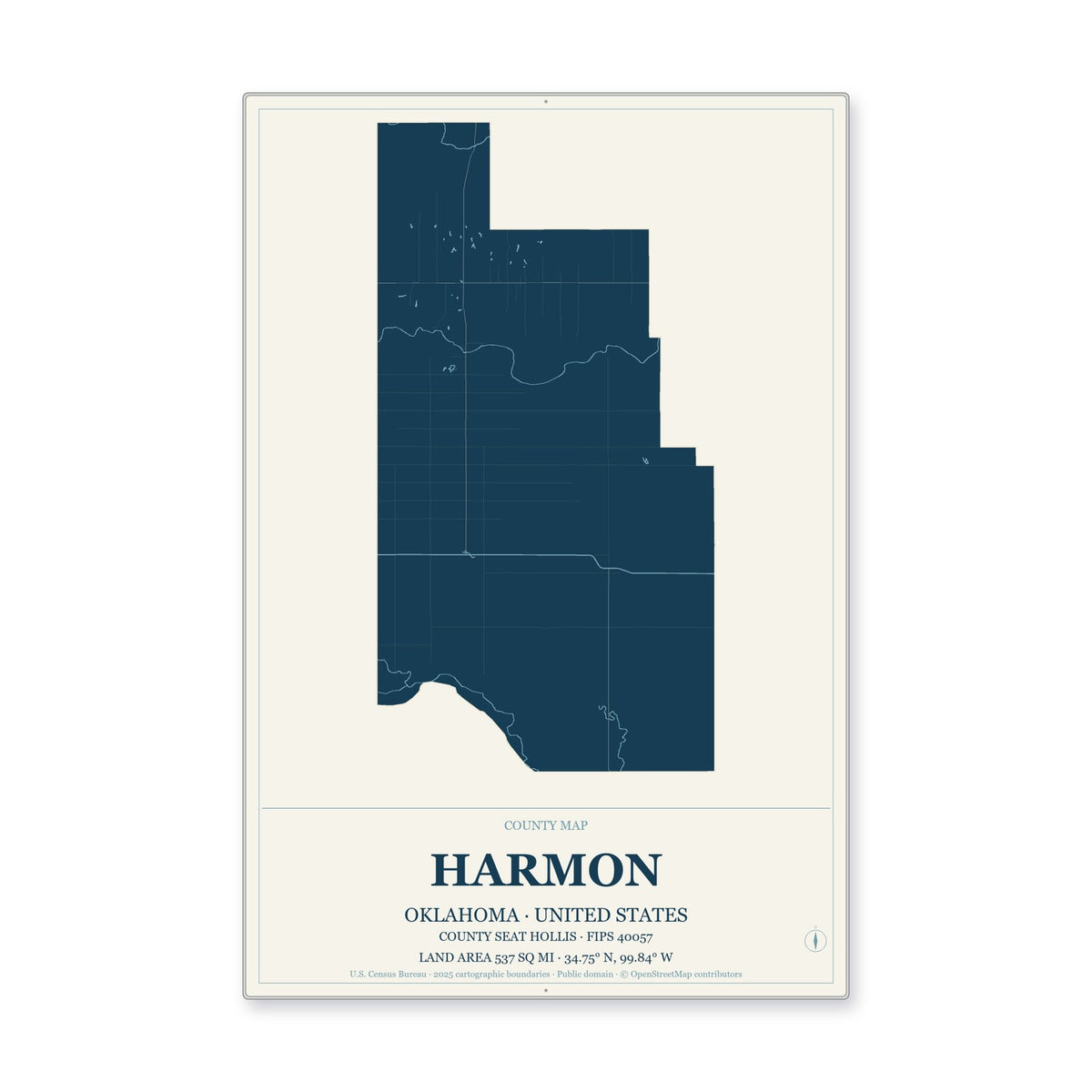 Harmon County, Oklahoma Map Aluminum Sign in Coastal Cutout style