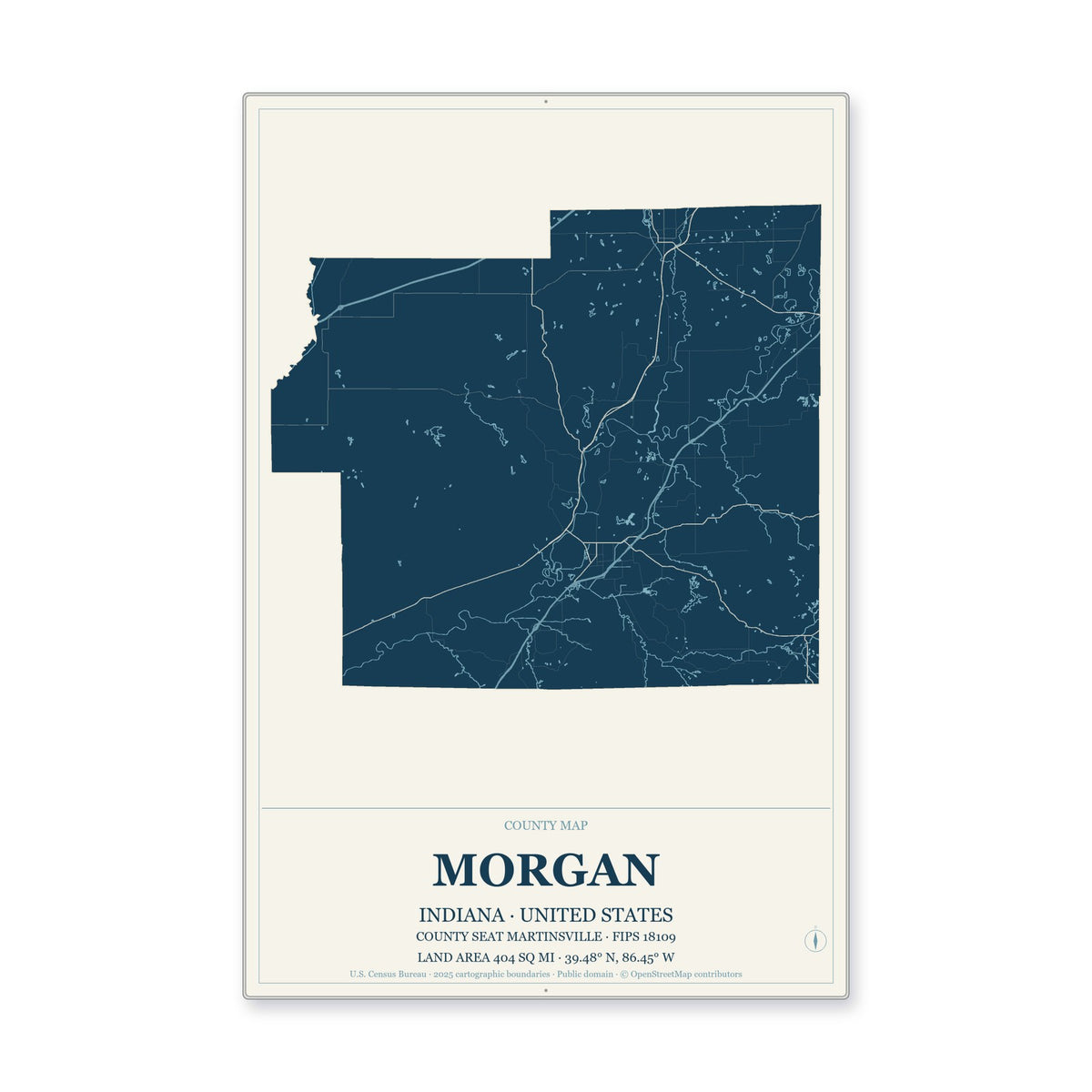 Morgan County, Indiana Map Aluminum Sign in Coastal Cutout style