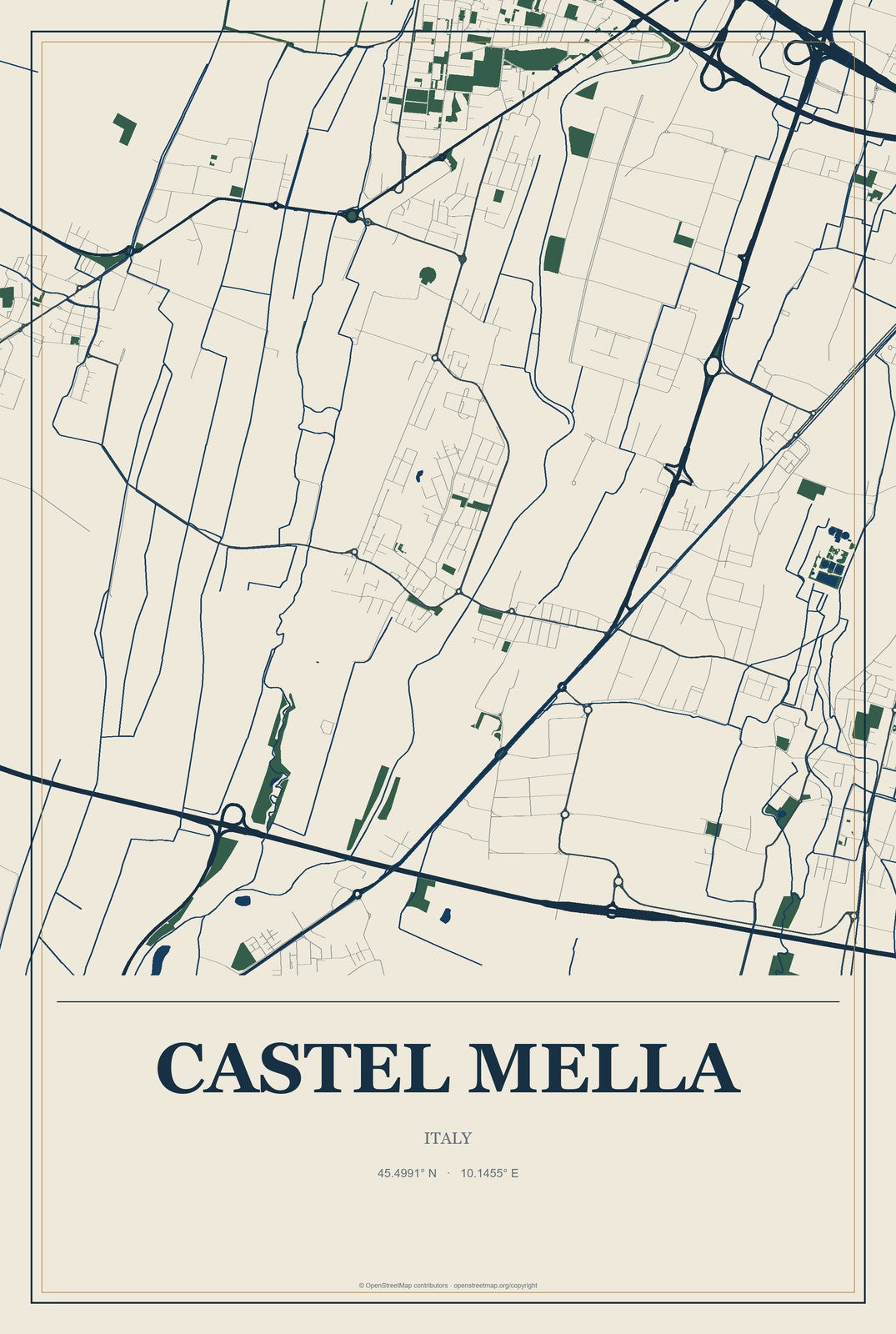 Castel Mella, Italy City Map Aluminum Sign in Coastal Cutout style