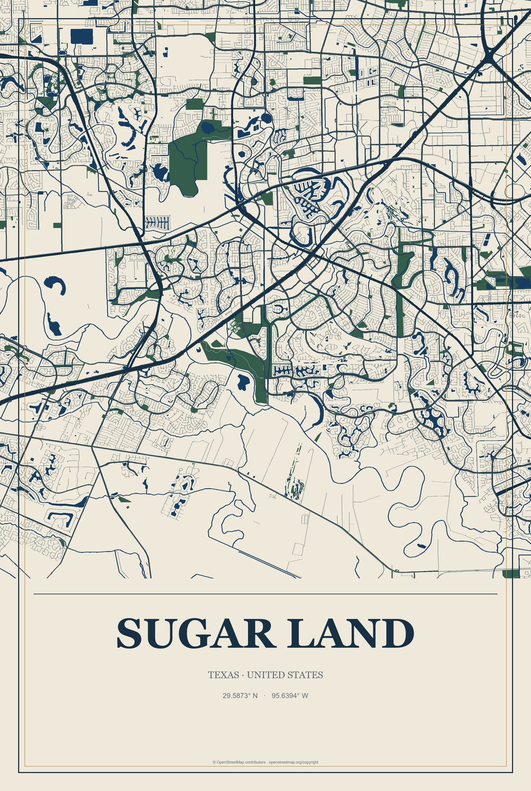 Sugar Land, Texas City Map Aluminum Sign in Coastal Cutout style