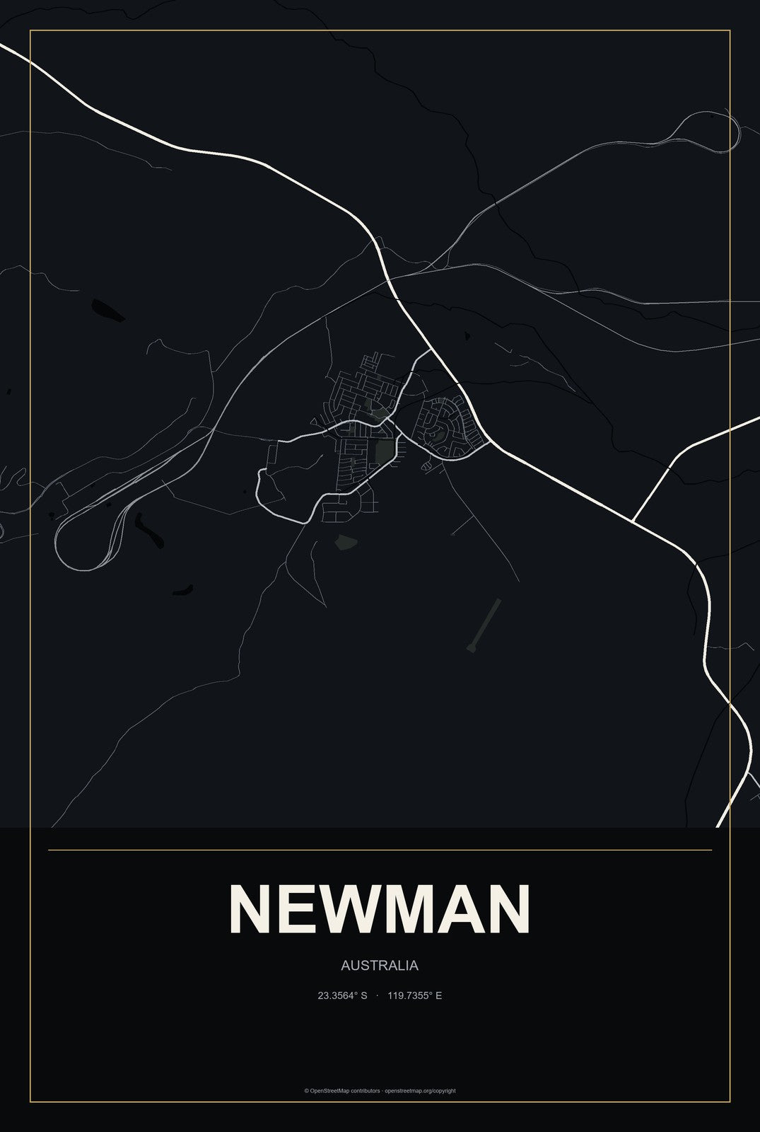 Newman, Australia City Map Aluminum Sign in Metropolitan Noir style