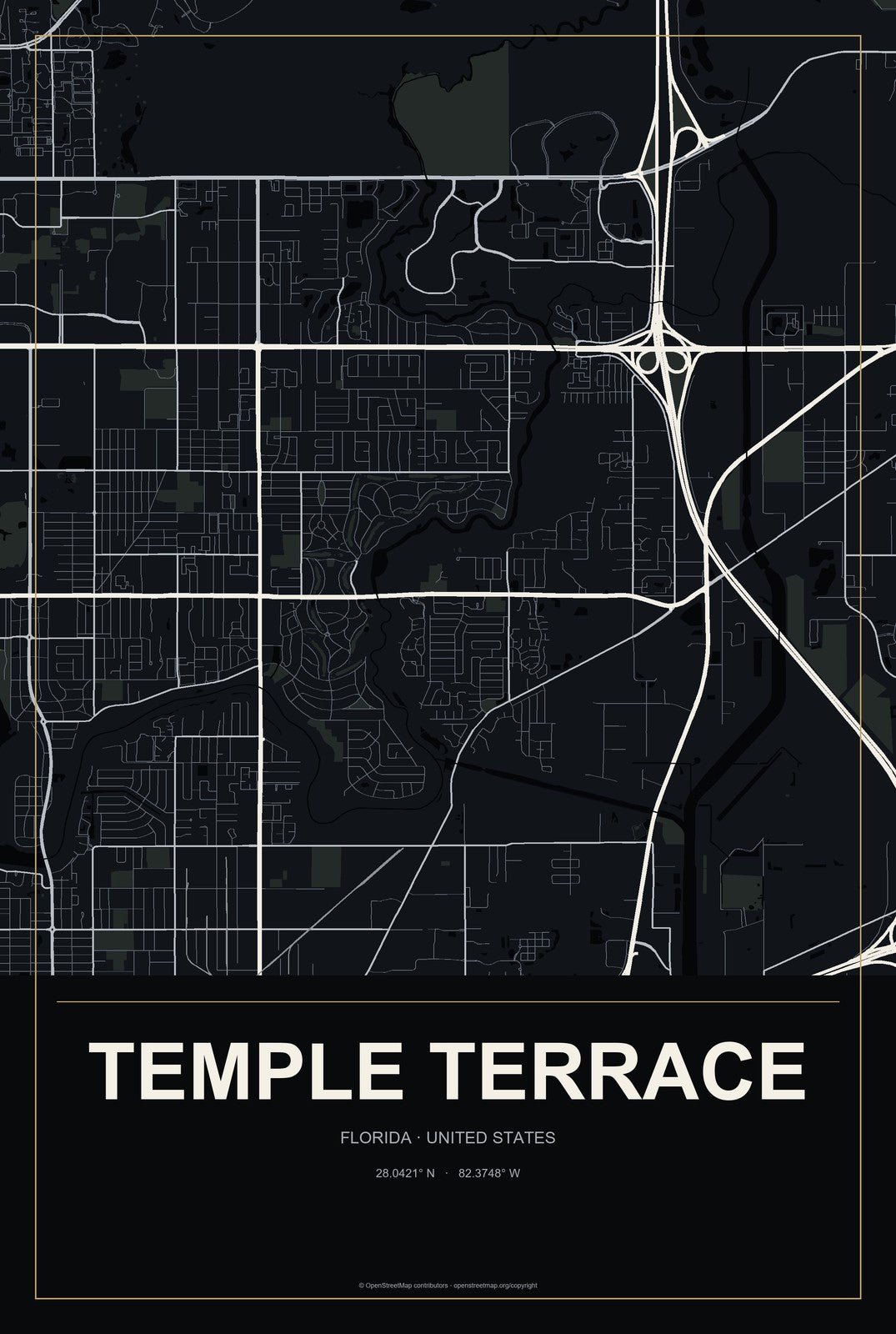 Temple Terrace, Florida City Map Aluminum Sign in Metropolitan Noir style