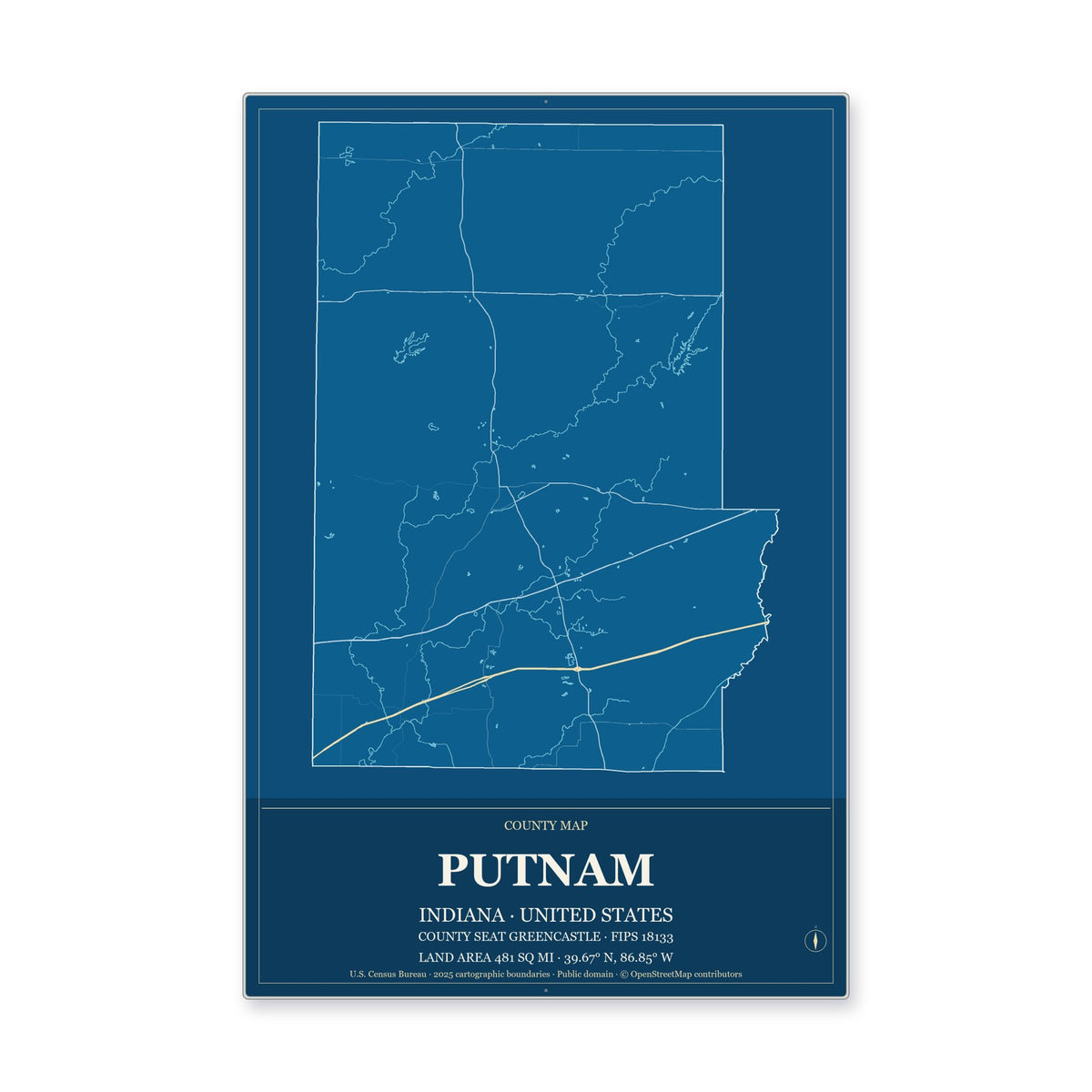 Putnam County, Indiana Map Aluminum Sign in Harbor Cobalt style