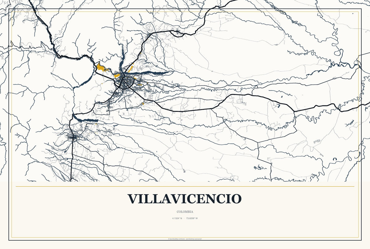 Villavicencio, Colombia City Map Aluminum Sign in Citrine Modern style