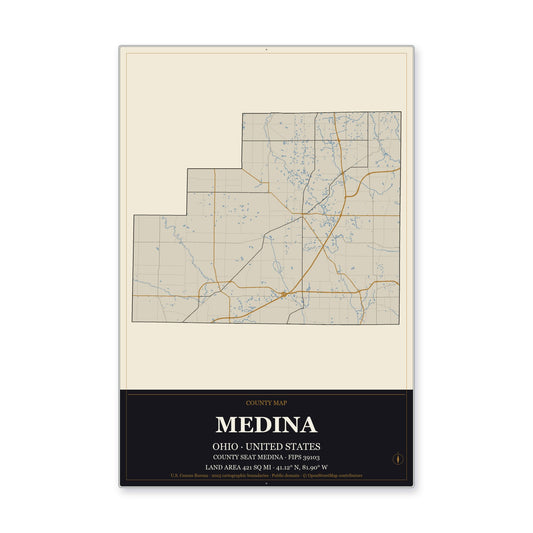 Medina County, Ohio Map Aluminum Sign in Museum Plaque style