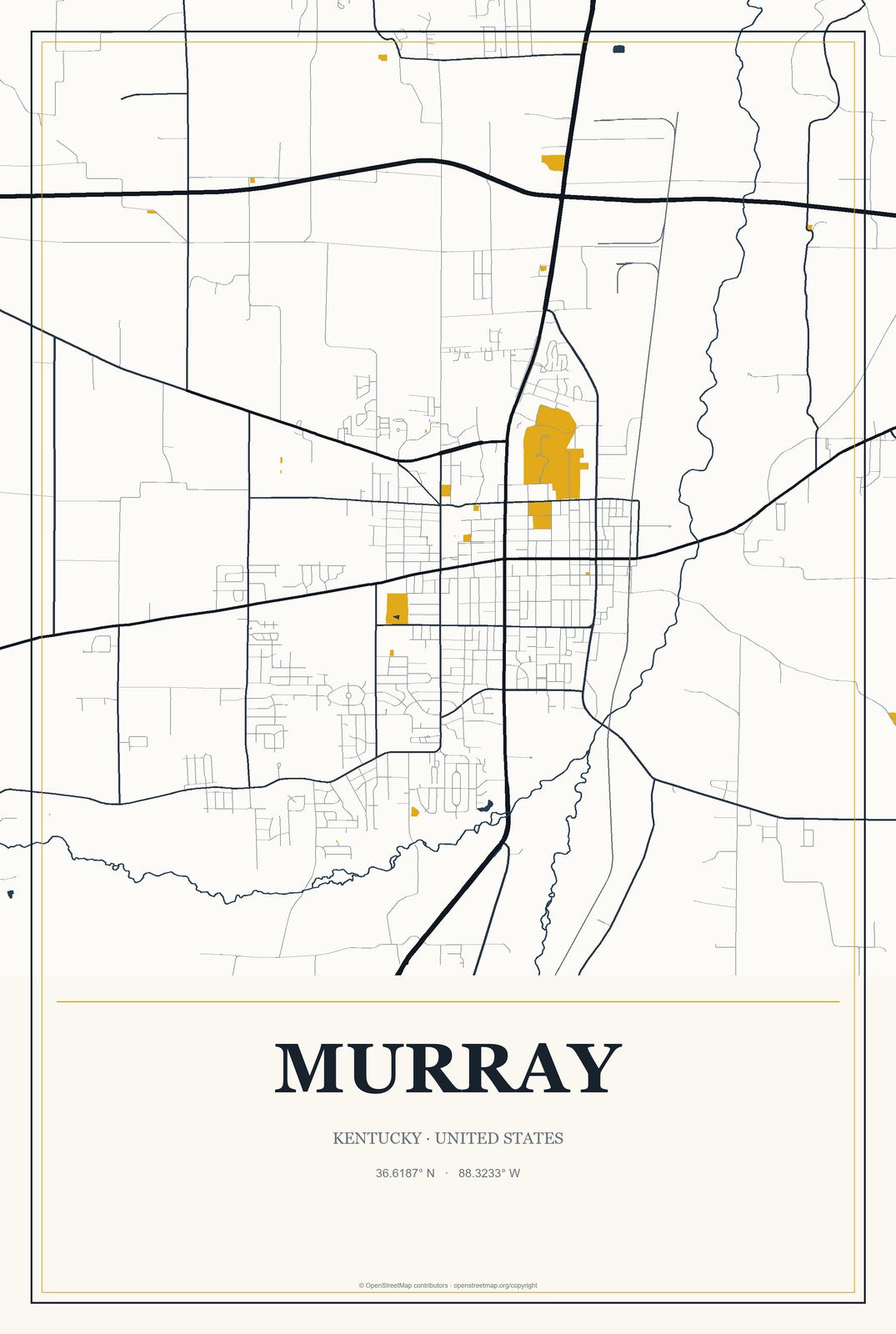 Murray, Kentucky City Map Aluminum Sign in Citrine Modern style