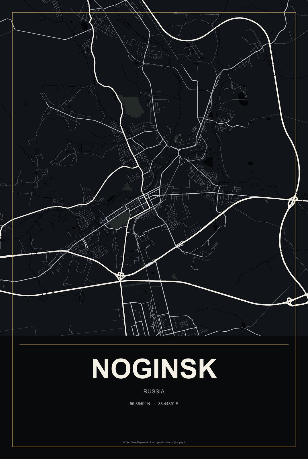 Noginsk, Russia City Map Aluminum Sign in Metropolitan Noir style