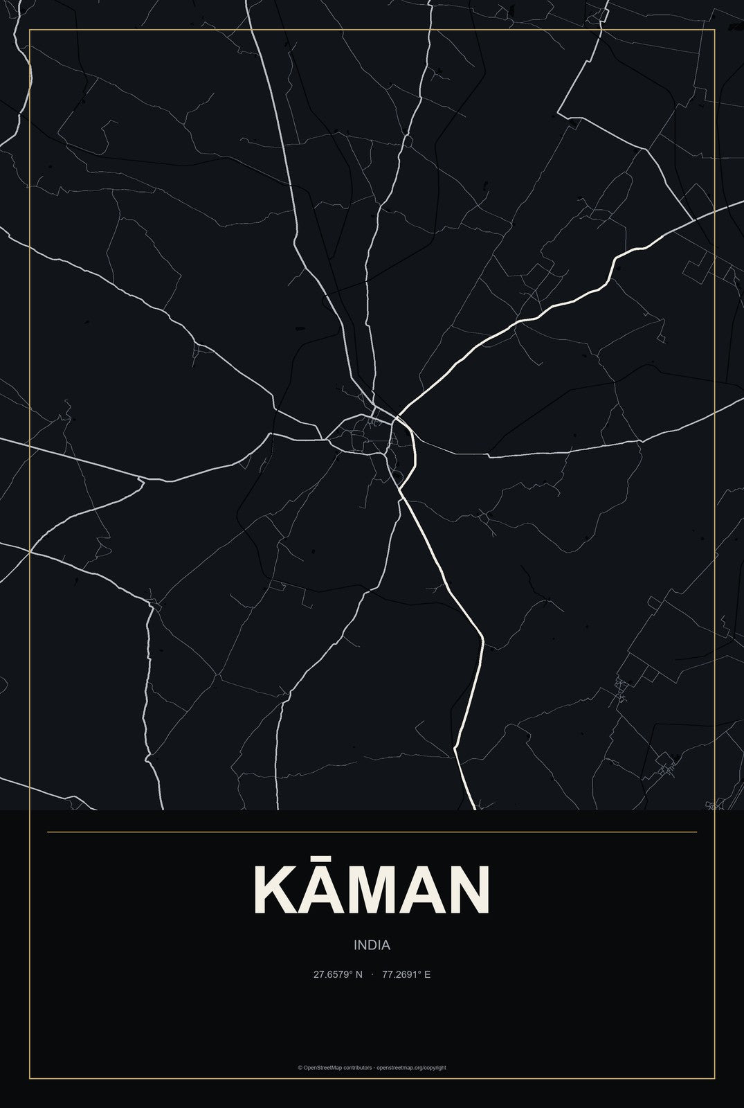 Kāman, India City Map Aluminum Sign in Metropolitan Noir style