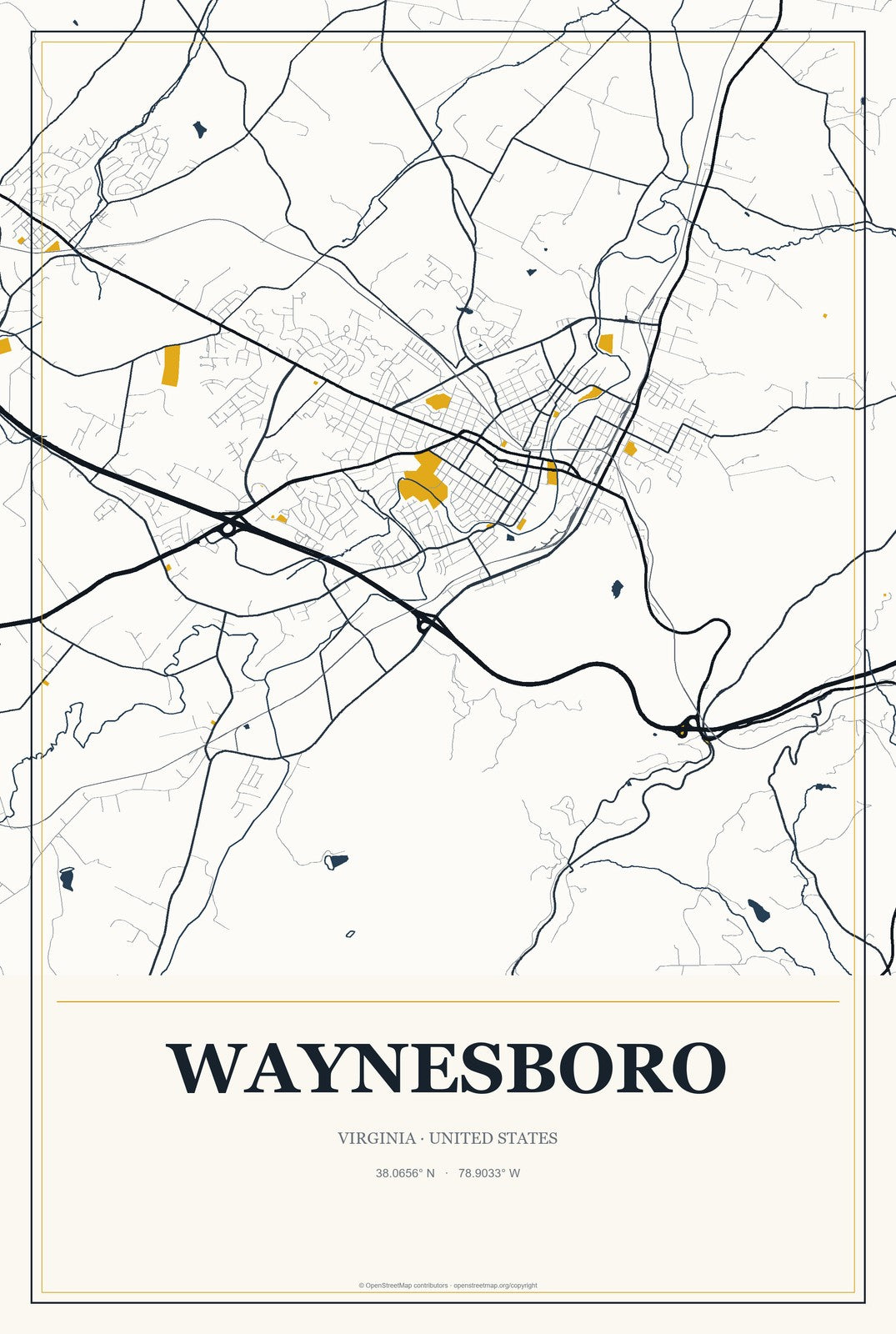 Waynesboro, Virginia City Map Aluminum Sign in Citrine Modern style