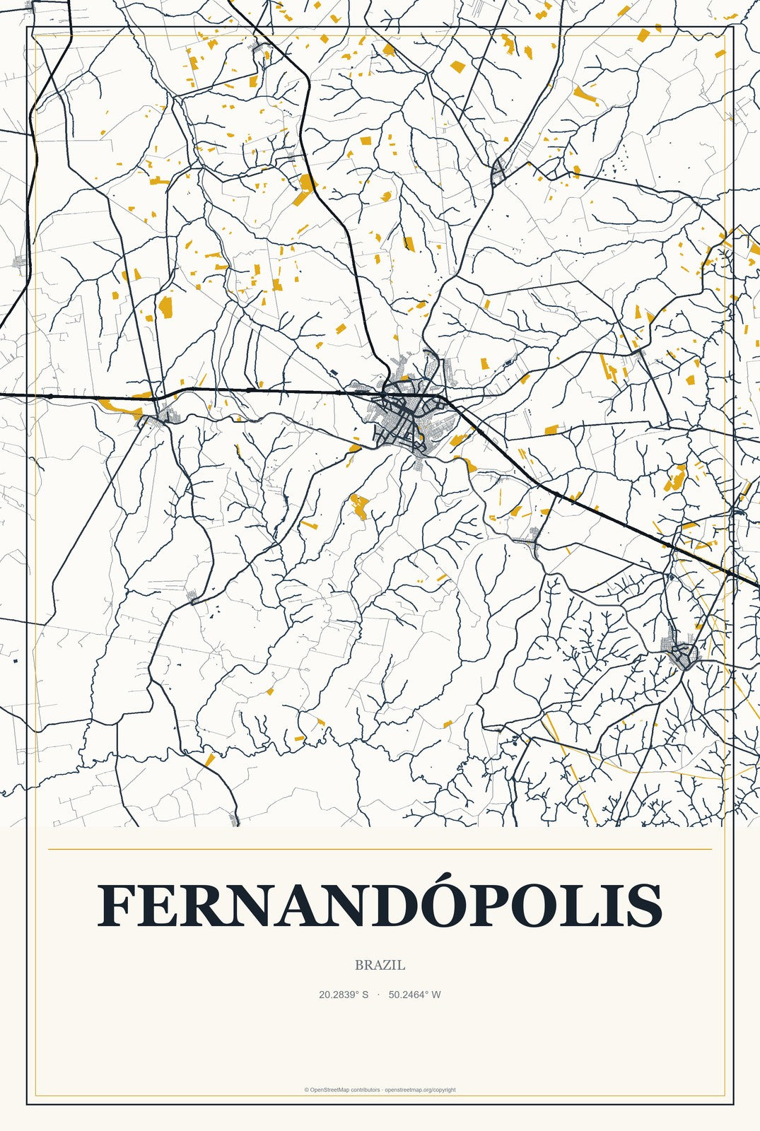 Fernandópolis, Brazil City Map Aluminum Sign in Citrine Modern style