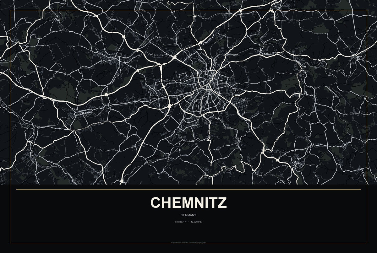 Chemnitz, Germany City Map Aluminum Sign in Metropolitan Noir style