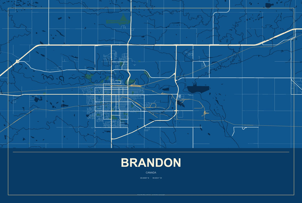 Brandon, Canada City Map Aluminum Sign in Harbor Cobalt style