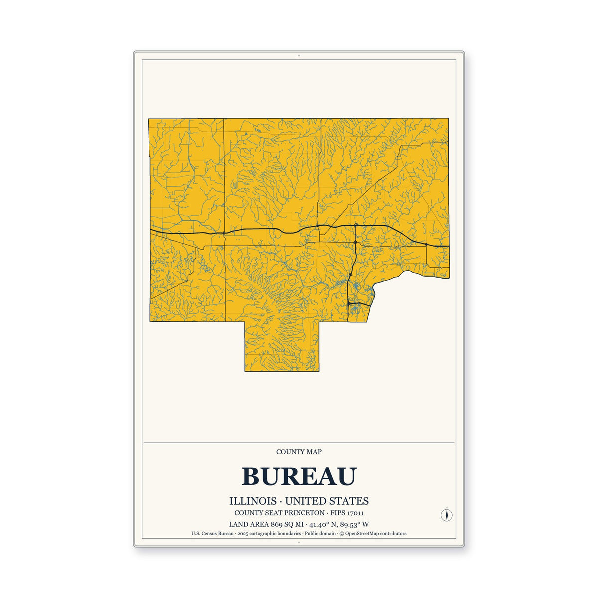 Bureau County, Illinois Map Aluminum Sign in Citrine Modern style