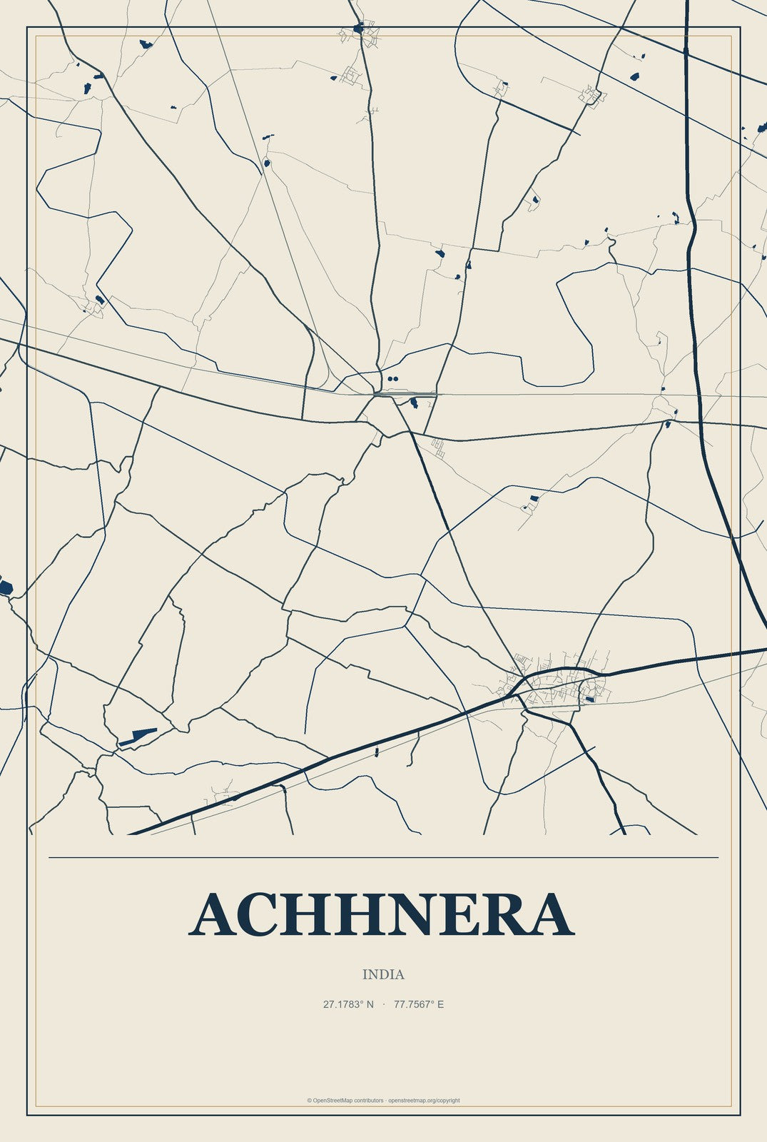 Achhnera, India City Map Aluminum Sign in Coastal Cutout style