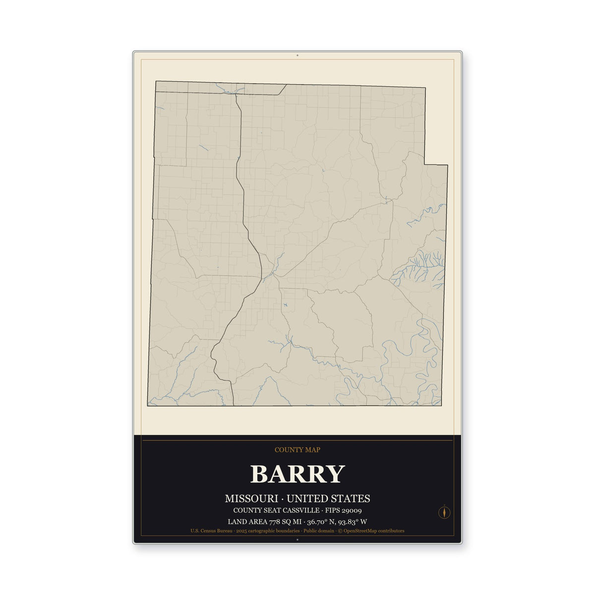 Barry County, Missouri Map Aluminum Sign in Museum Plaque style