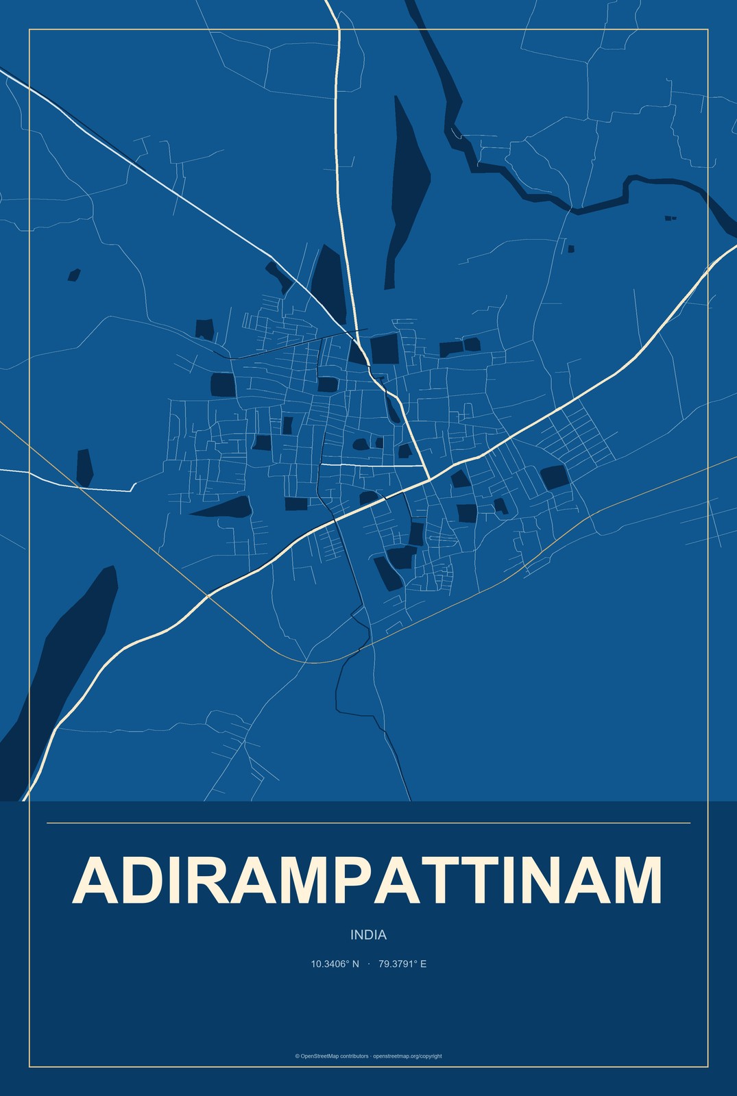 Adirampattinam, India City Map Aluminum Sign in Harbor Cobalt style