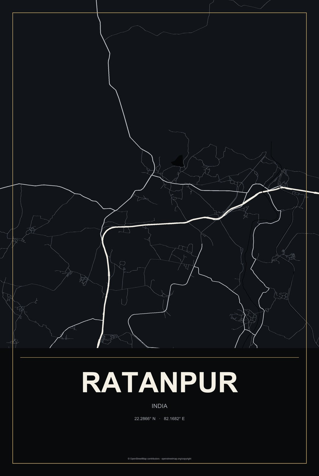 Ratanpur, India City Map Aluminum Sign in Metropolitan Noir style