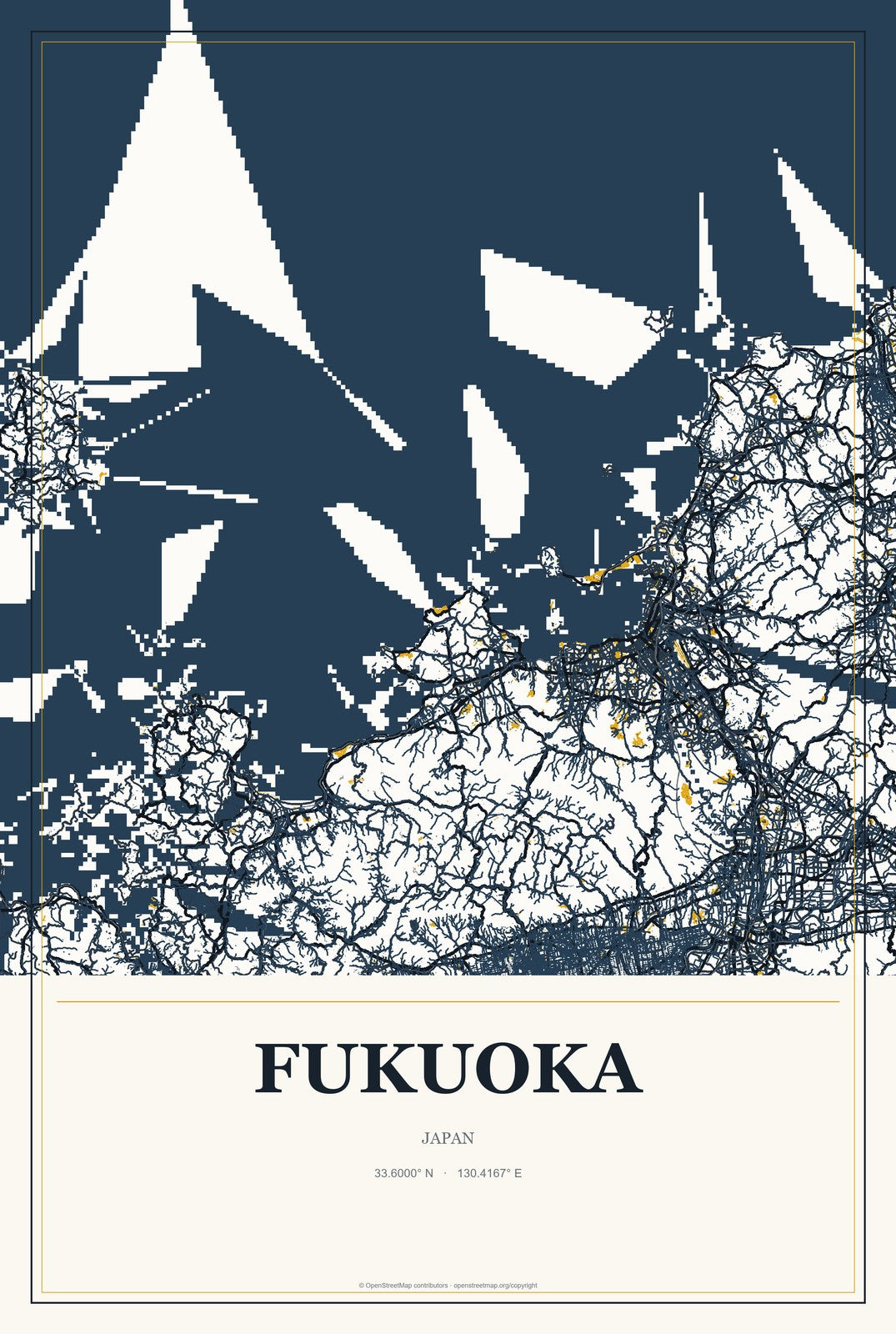 Fukuoka, Japan City Map Aluminum Sign in Citrine Modern style