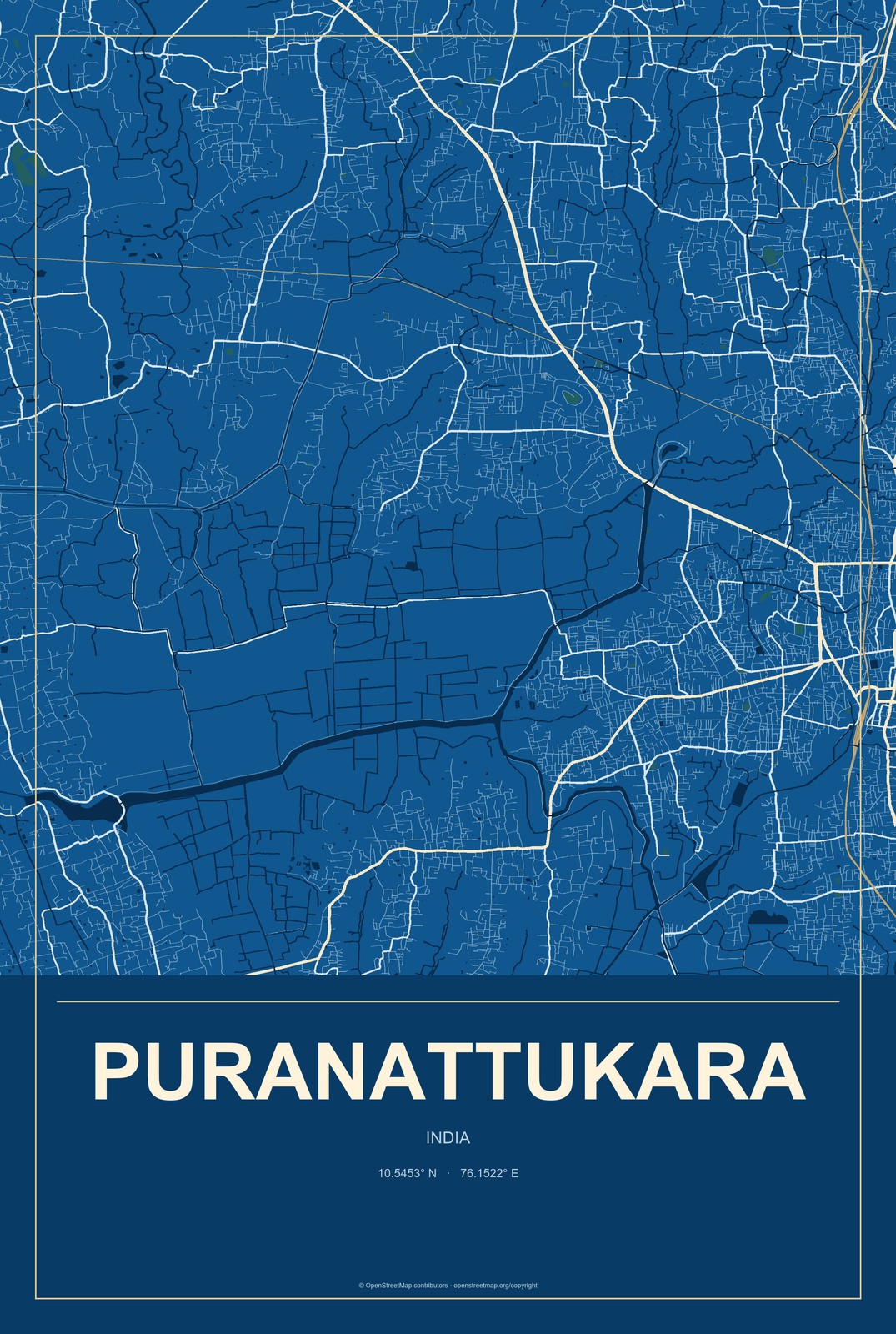 Puranattukara, India City Map Aluminum Sign in Harbor Cobalt style