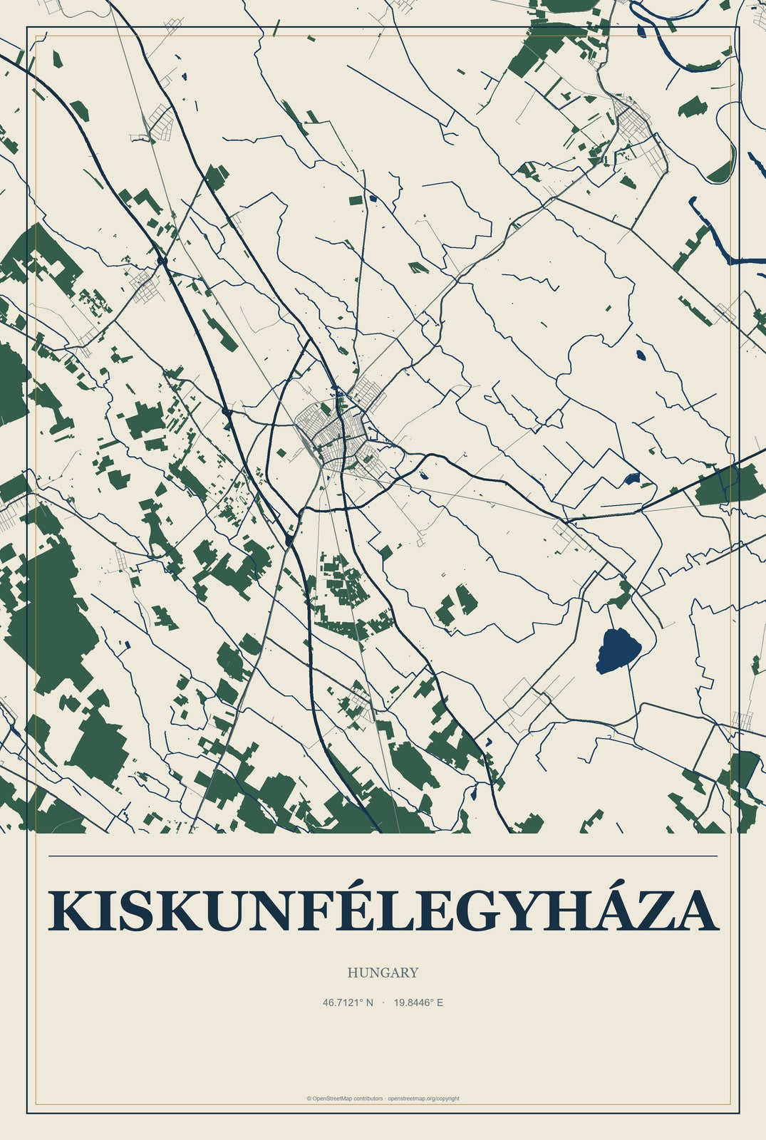 Kiskunfélegyháza, Hungary City Map Aluminum Sign in Coastal Cutout style