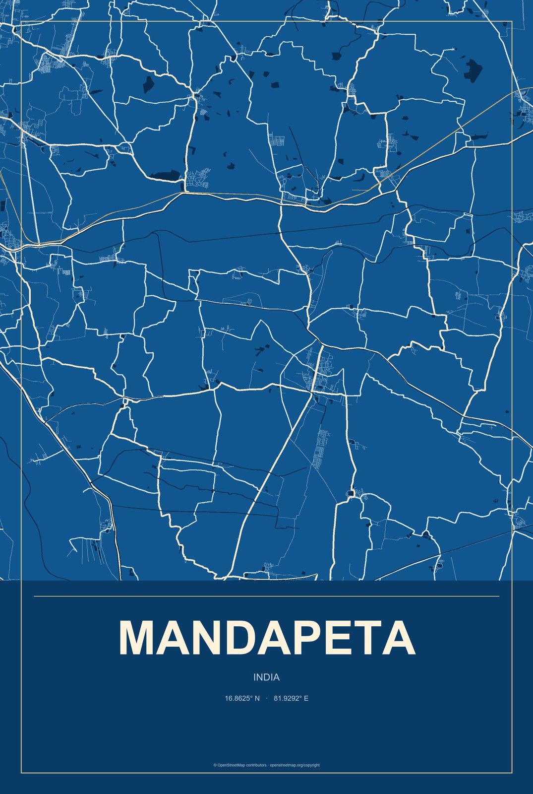 Mandapeta, India City Map Aluminum Sign in Harbor Cobalt style
