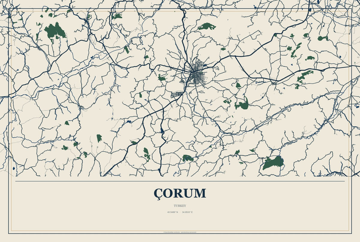 Çorum, Turkey City Map Aluminum Sign in Coastal Cutout style