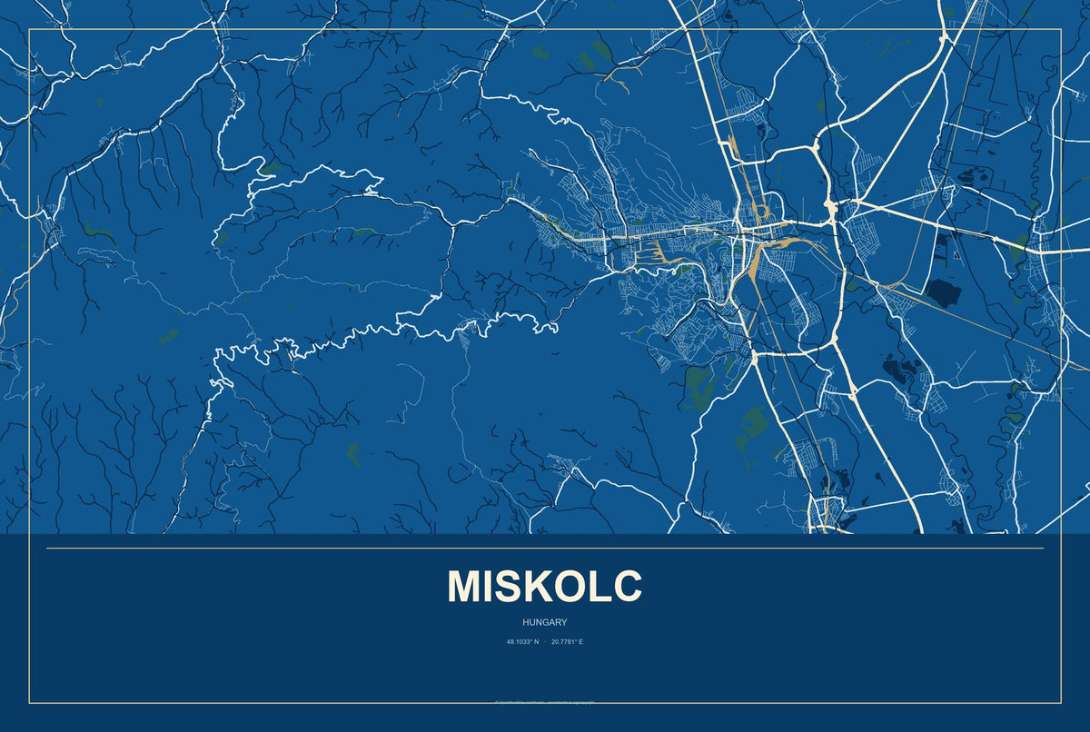Miskolc, Hungary City Map Aluminum Sign in Harbor Cobalt style