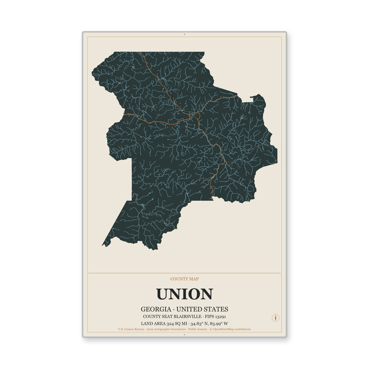 Union County, Georgia Map Aluminum Sign in Headline Atlas style